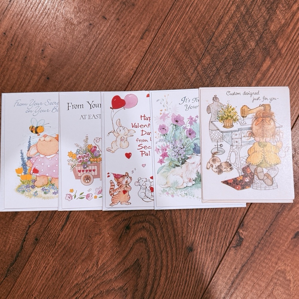 Lot 5 Vtg Secret Pal Cards Reveal Card New w/Envelopes Retro Fun Ephemera